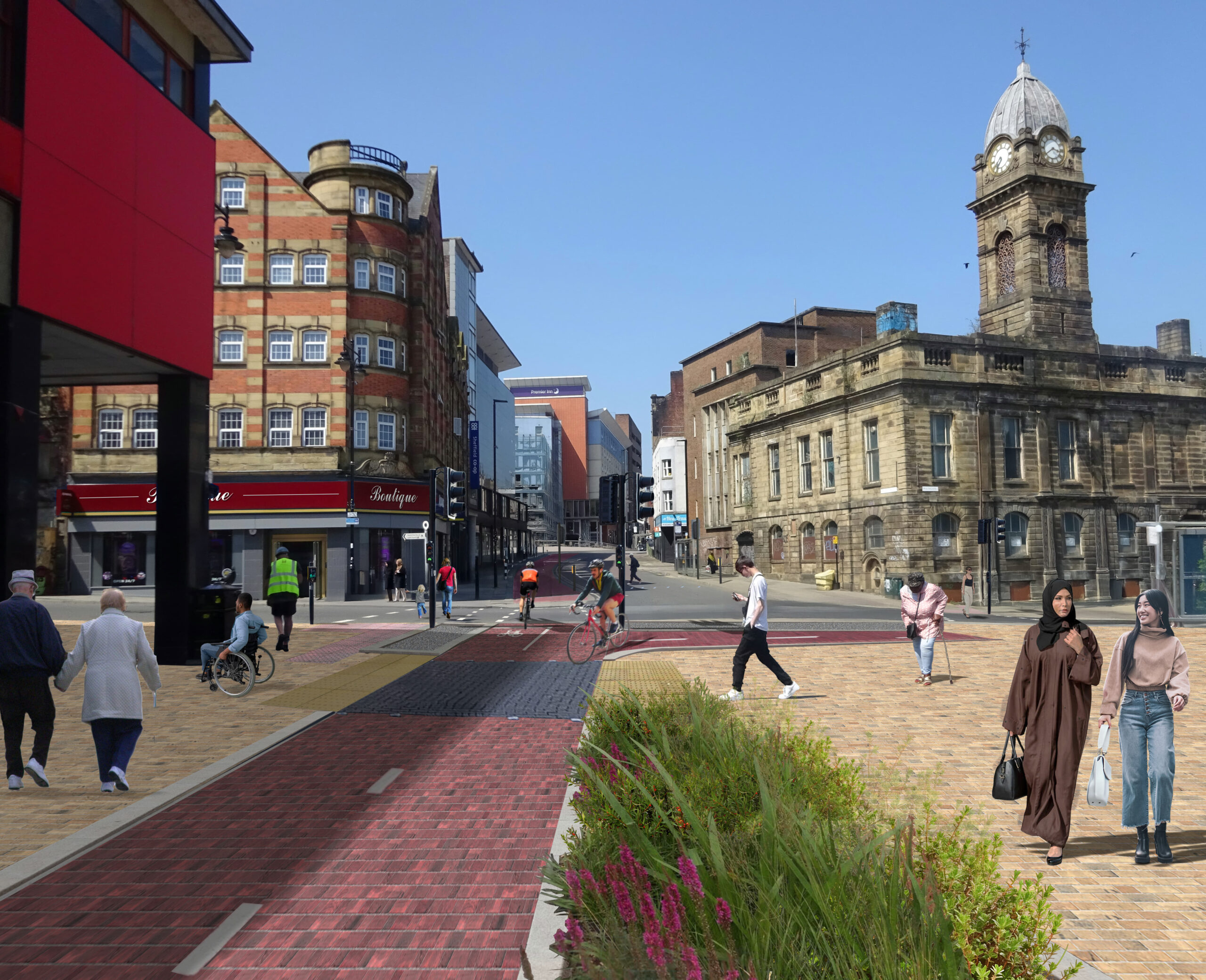 A city centre street scene showing a red-brick segregated cycle lane running through a pedestrian-friendly area with paving, plants, and crossing points. People are walking, cycling, and using mobility aids. Historic buildings with stone and brick facades line the street, including one with a clock tower on the right. The sky is clear and blue.