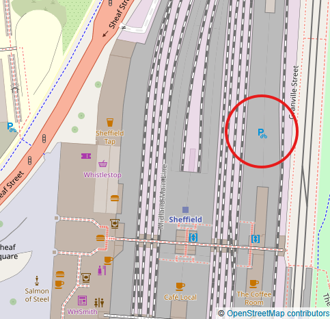 OpenStreetMap view of Sheffield Station platforms. A red circle marks cycle parking located alongside the platforms on the east side of the station, adjacent to the tracks.